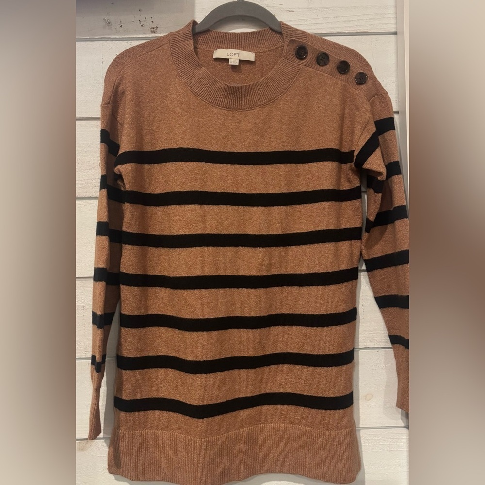 LOFT Camel/Tan and Black Striped Crew Neck Sweater with Button details XS - Picture 11 of 12